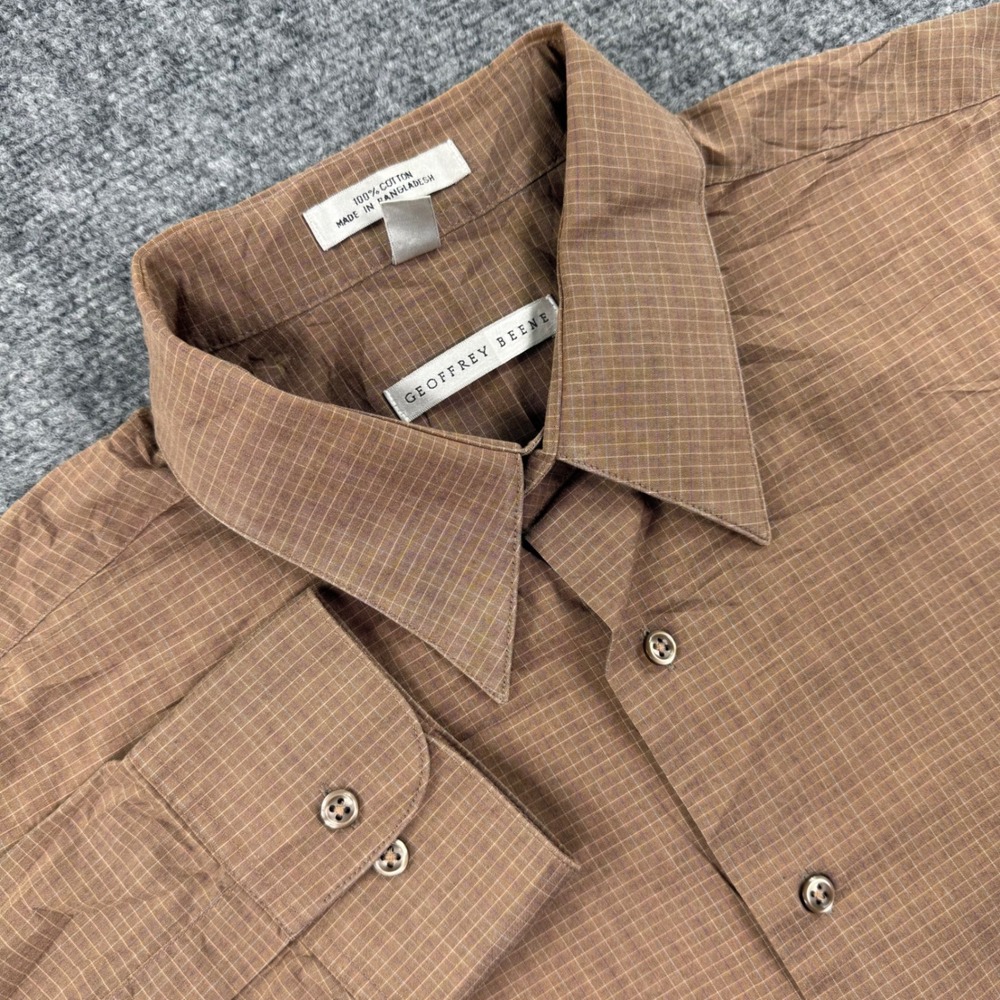 Geoffrey Beene Button Down XL 17.5 34/35 Brown Grid Cotton Wrinkle Free Men's